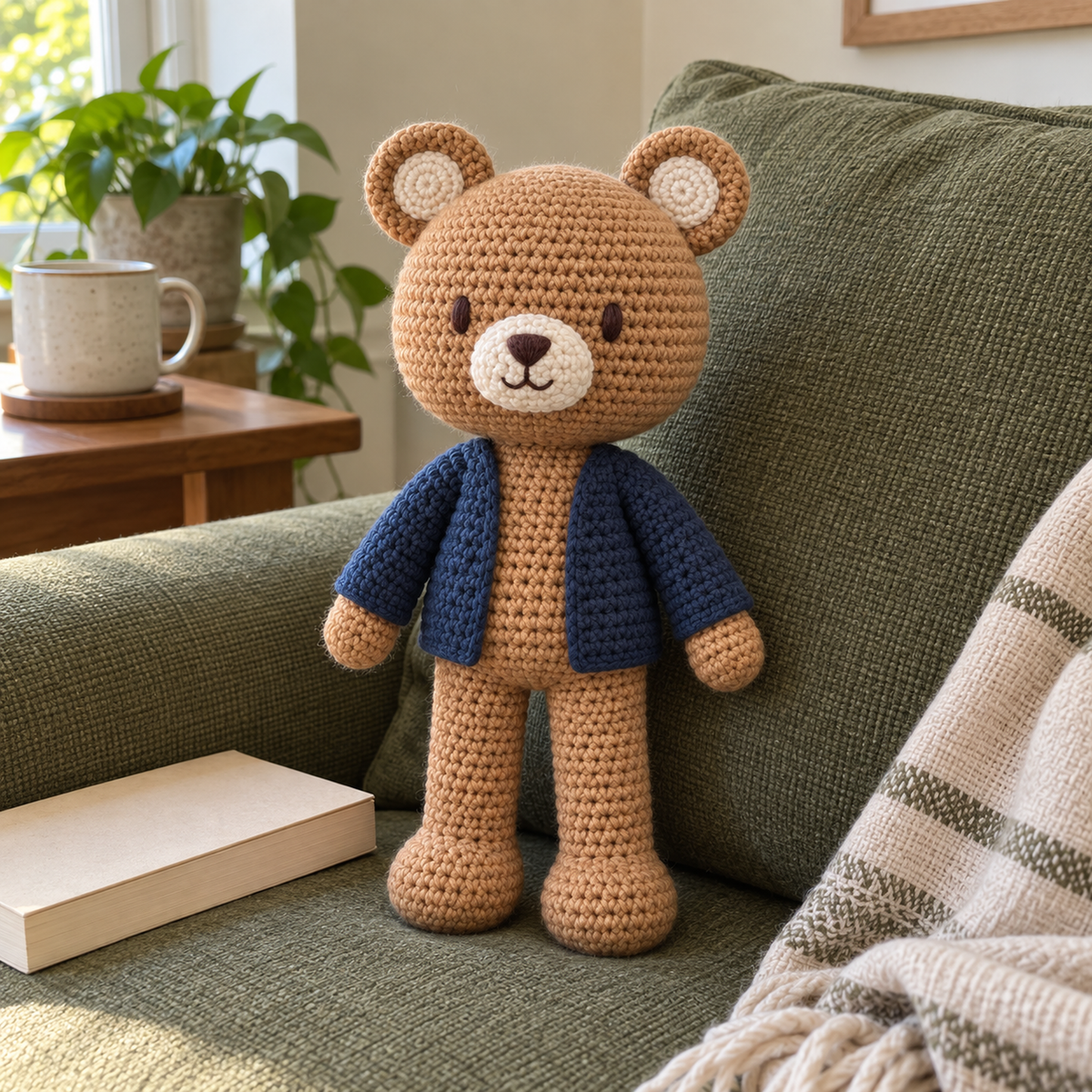 Maple Bear, a honey-brown crochet bear with a cream muzzle and navy cardigan, stands against a green sofa cushion beside a closed book.