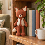 Rusty Fox, a rust-orange crochet fox wearing an oatmeal gilet, stands beside books on a wooden shelf with its cream-tipped tail visible.