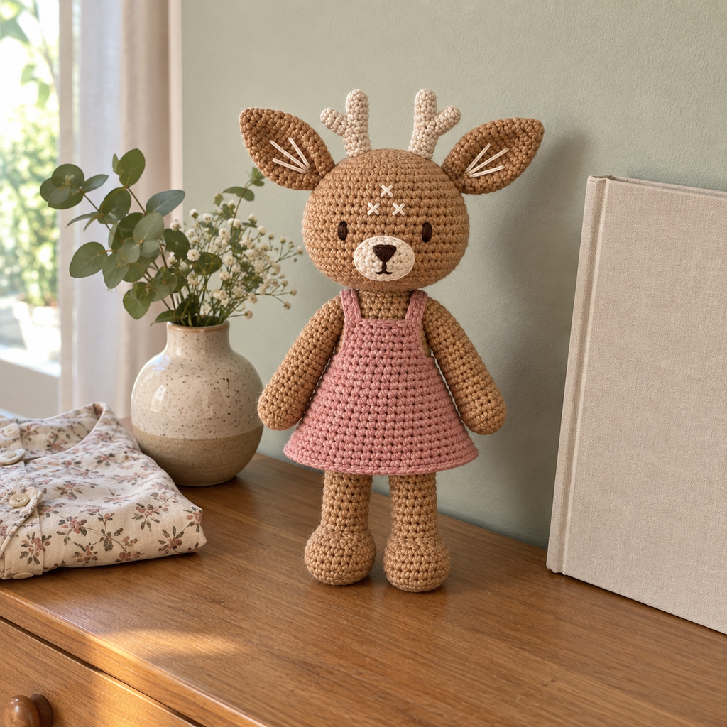 Hazel Deer, a caramel crochet deer with cream antlers and a dusty-rose pinafore, stands on a wooden dresser beside a vase and folded floral shirt.