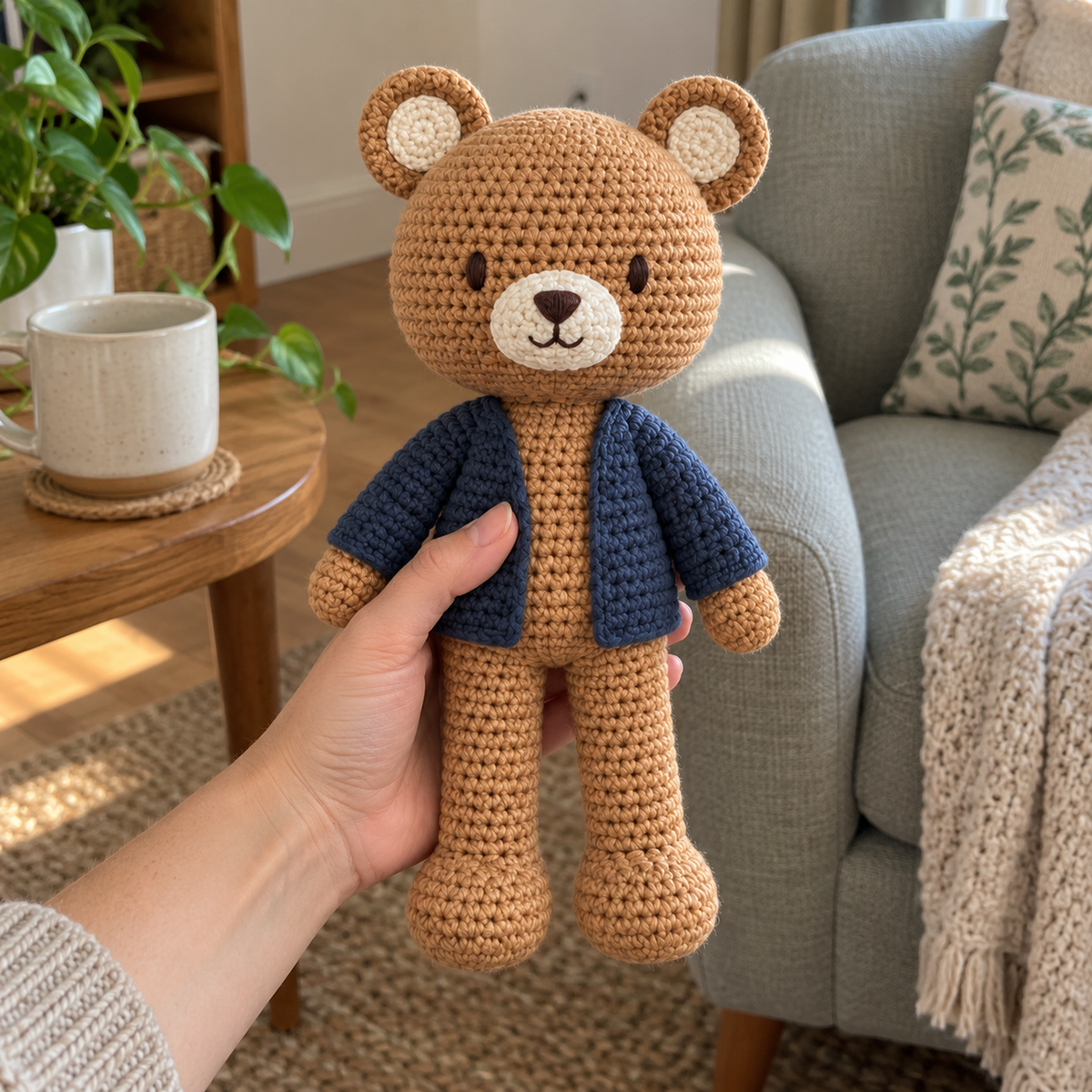 An adult hand holds Maple Bear upright in its navy cardigan, with its embroidered face and rounded feet visible against a living-room chair.
