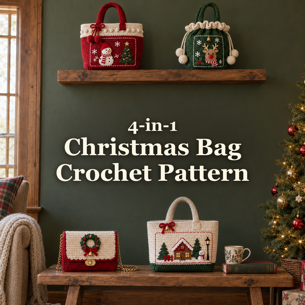 Four Christmas crochet bags on a wooden shelf and bench in a cosy living room, with the title 4-in-1 Christmas Bag Crochet Pattern.