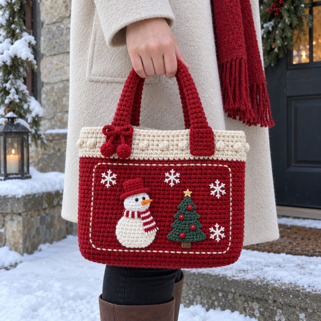 A woman carries a red Snowfriends crochet tote with a cream bobble band at a snowy Christmas doorstep.
