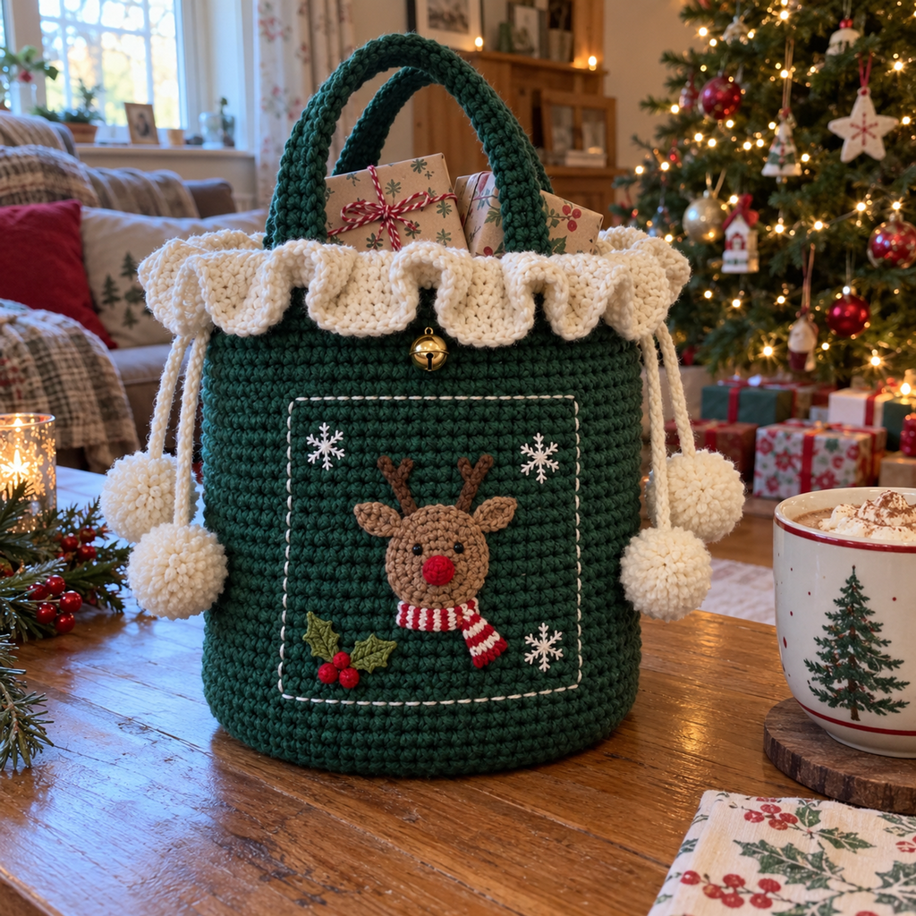 Green Reindeer drawstring bucket with cream ruffle and four pompom ends, holding wrapped gifts on a table beside a Christmas tree.