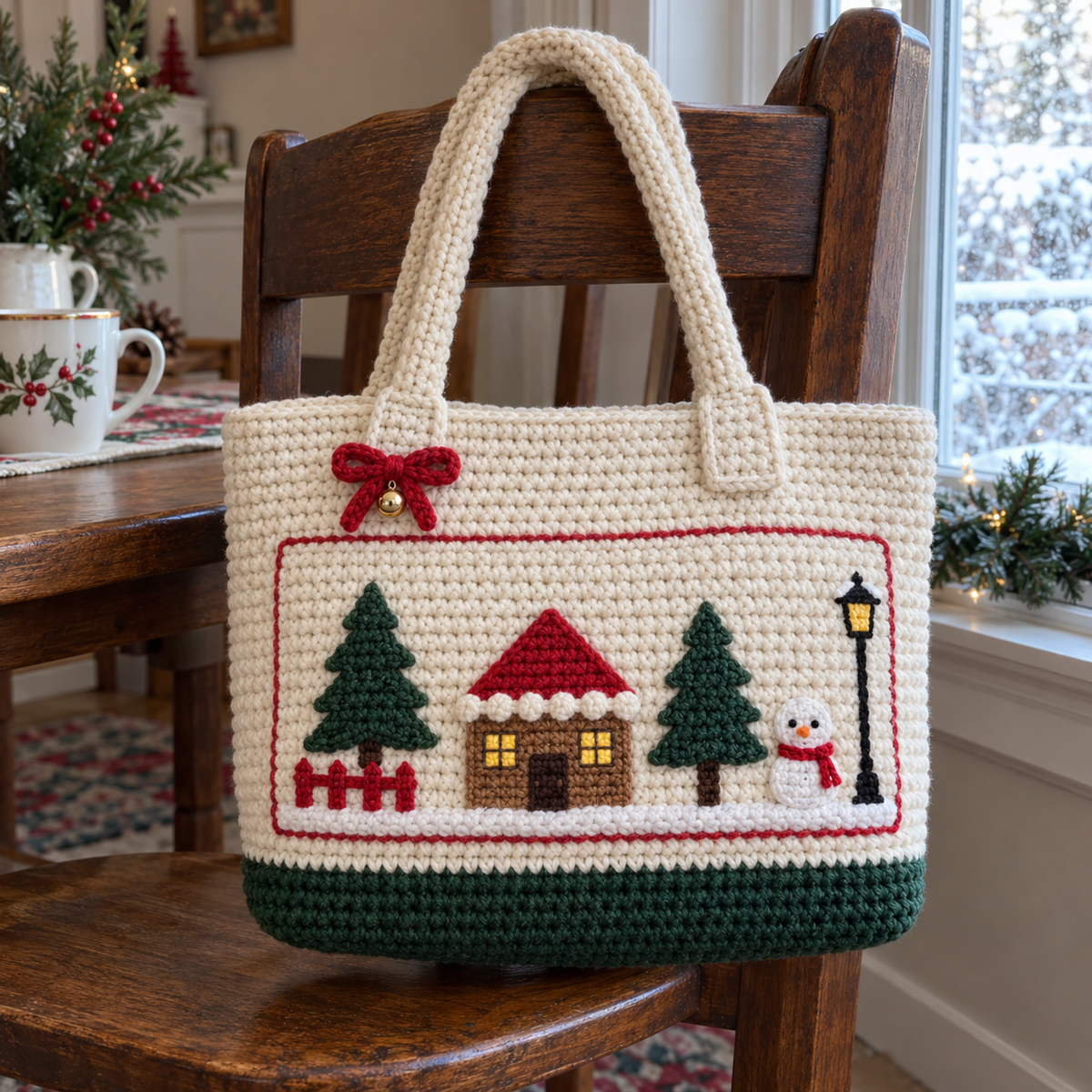 Cream crochet Cottage tote with green lower band hanging from a wooden chair beside a frosty window.
