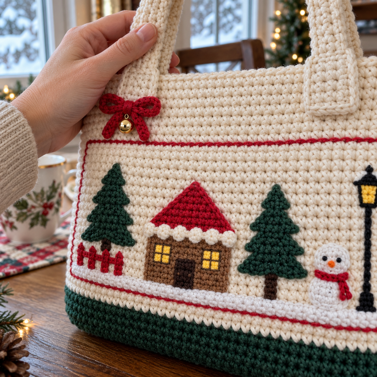 An adult hand touches a cream tote handle beside a flat cottage scene with red roof, bobbly snow eaves and two yellow windows.