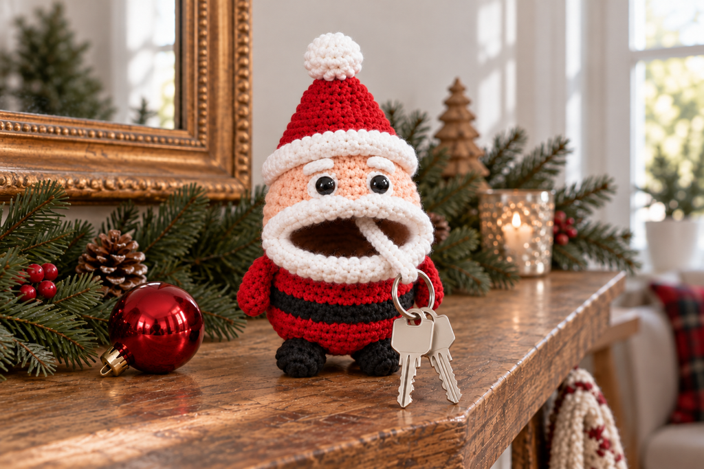 Santa Christmas crochet key pouch with an open rolled mouth, key ring and keys outside.