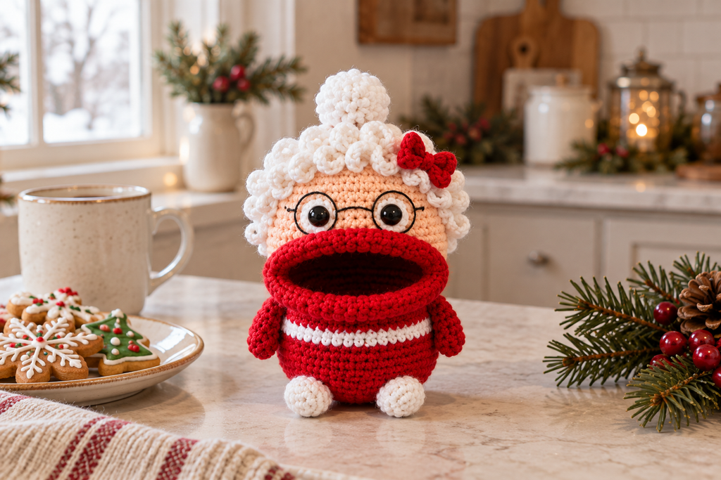 Mrs Claus Christmas crochet key pouch with an open rolled mouth, shown with the mouth empty.