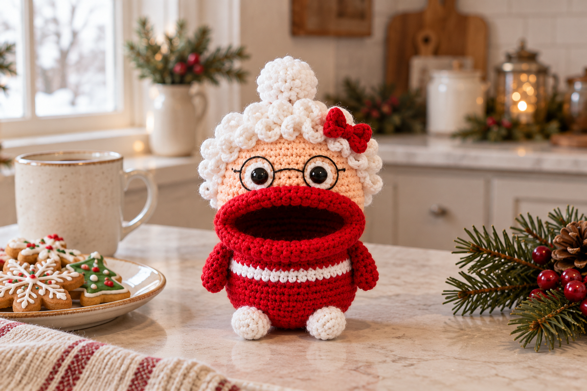 Mrs Claus Christmas crochet key pouch with an open rolled mouth, shown with the mouth empty.