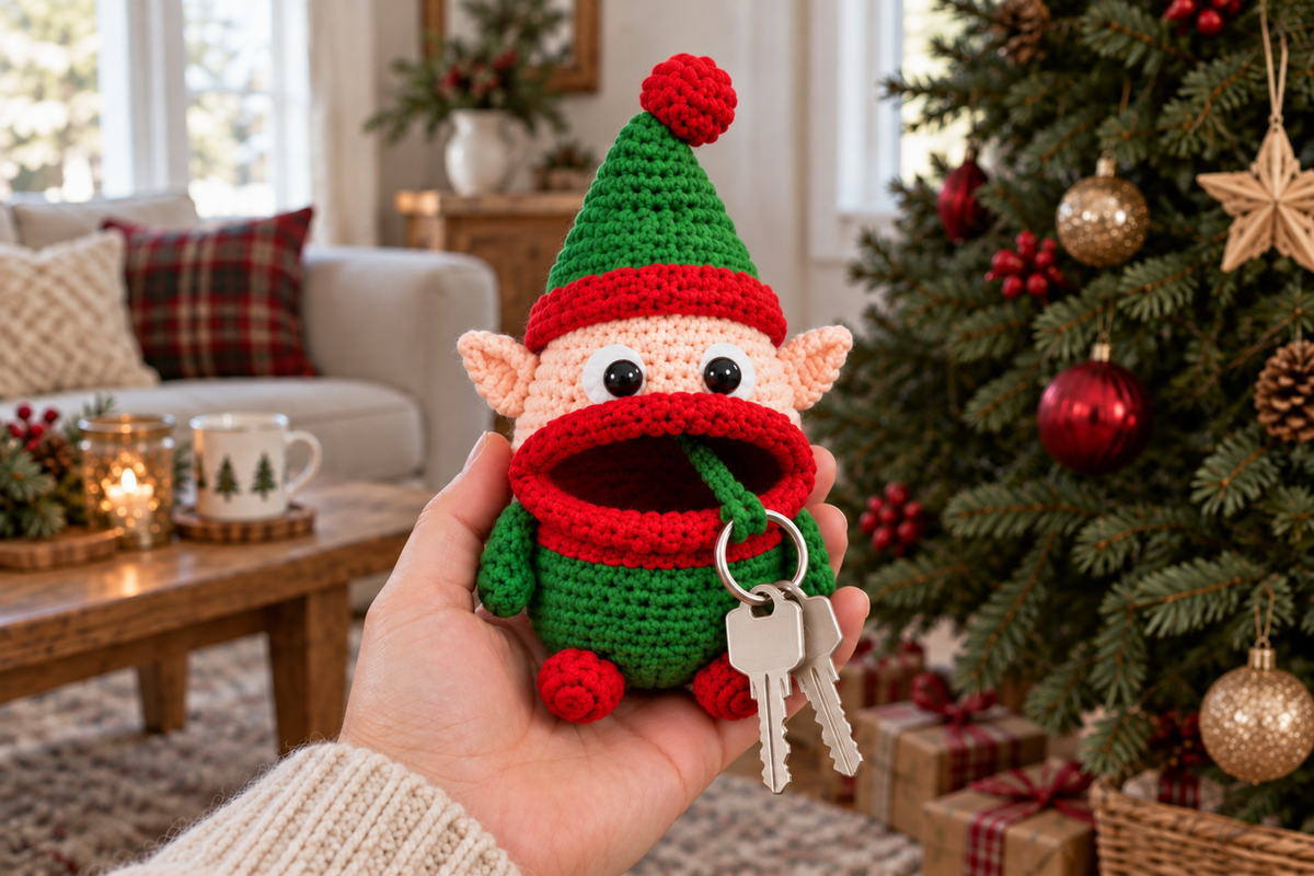 Elf Christmas crochet key pouch with an open rolled mouth, key ring and keys outside.