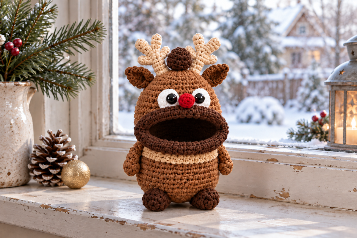 Reindeer Christmas crochet key pouch with an open rolled mouth, shown with the mouth empty.