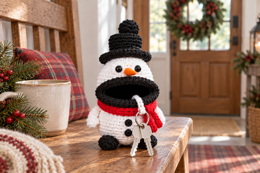 Snowman Christmas crochet key pouch with an open rolled mouth, key ring and keys outside.