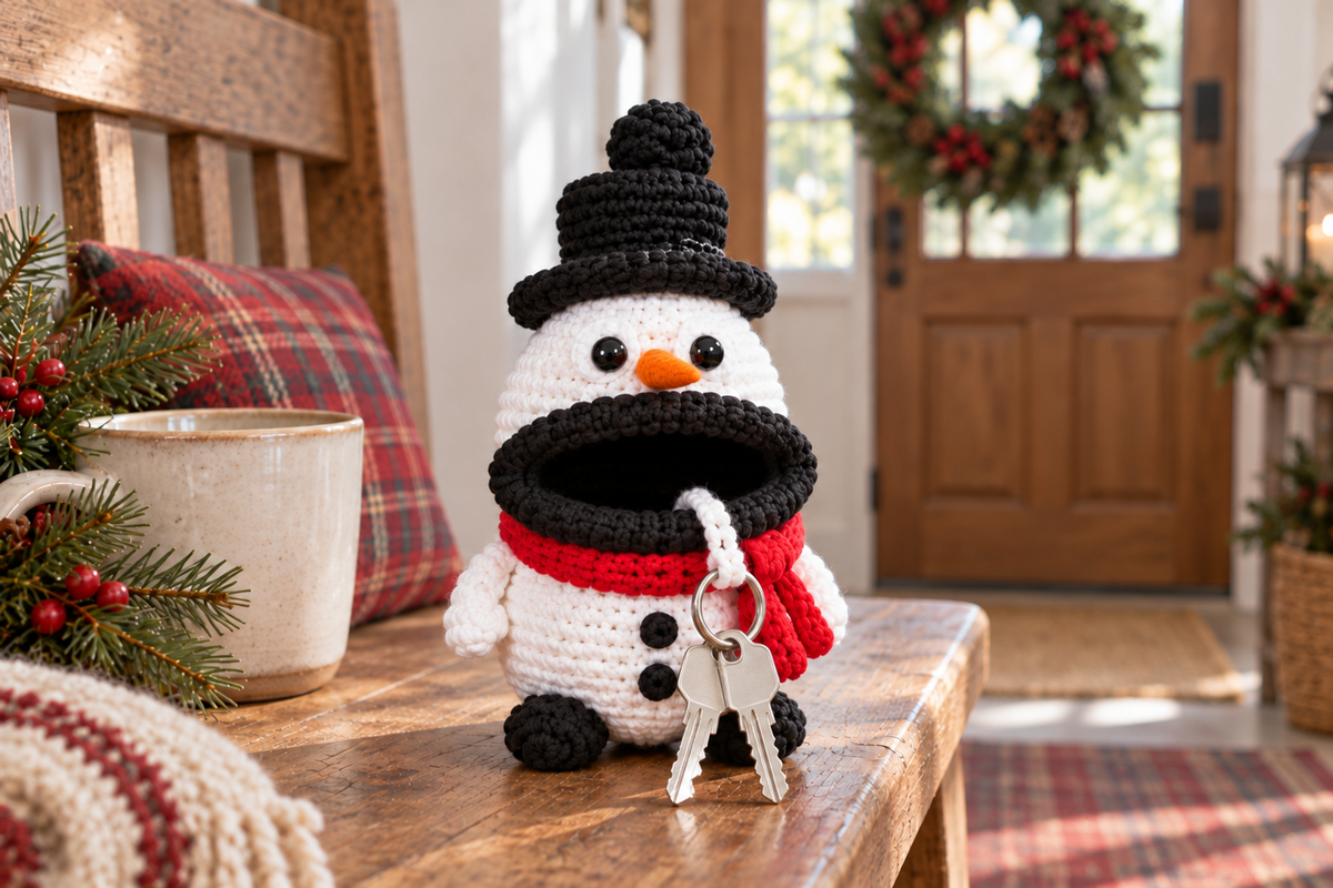 Snowman Christmas crochet key pouch with an open rolled mouth, key ring and keys outside.