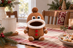 Gingerbread Man Christmas crochet key pouch with an open rolled mouth, shown with the mouth empty.