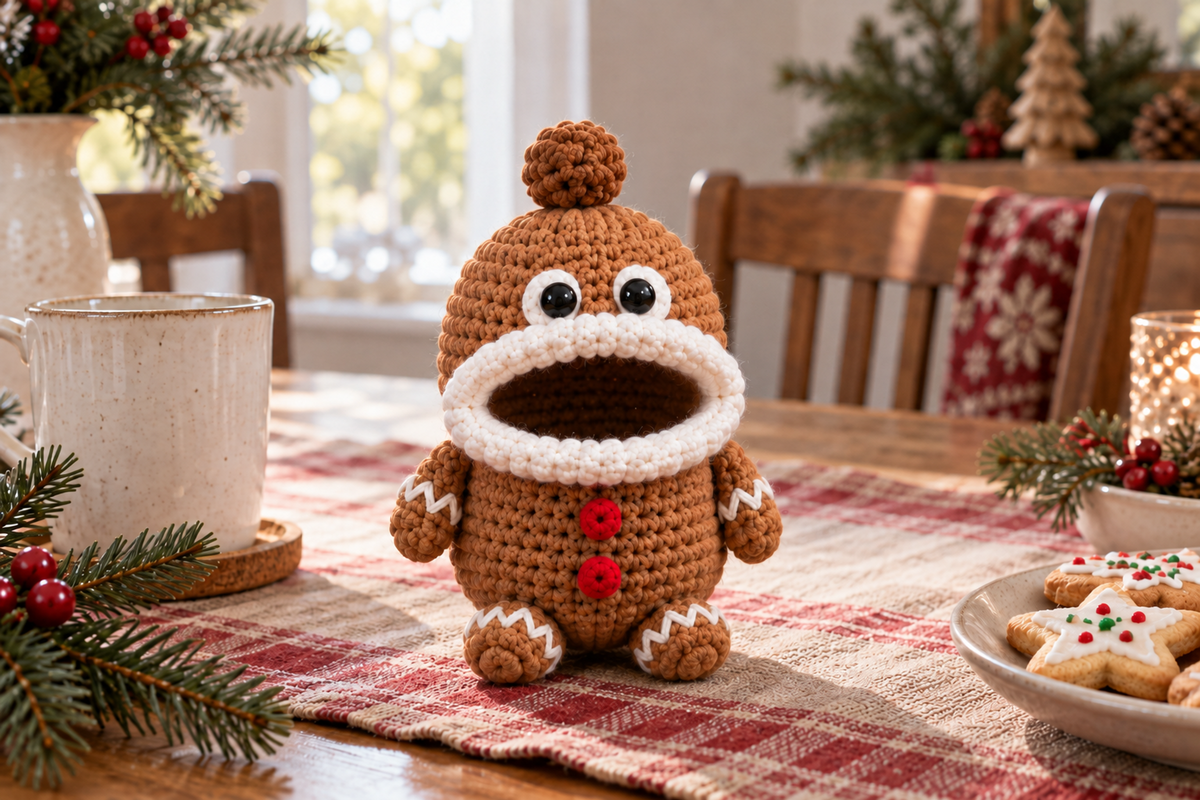 Gingerbread Man Christmas crochet key pouch with an open rolled mouth, shown with the mouth empty.