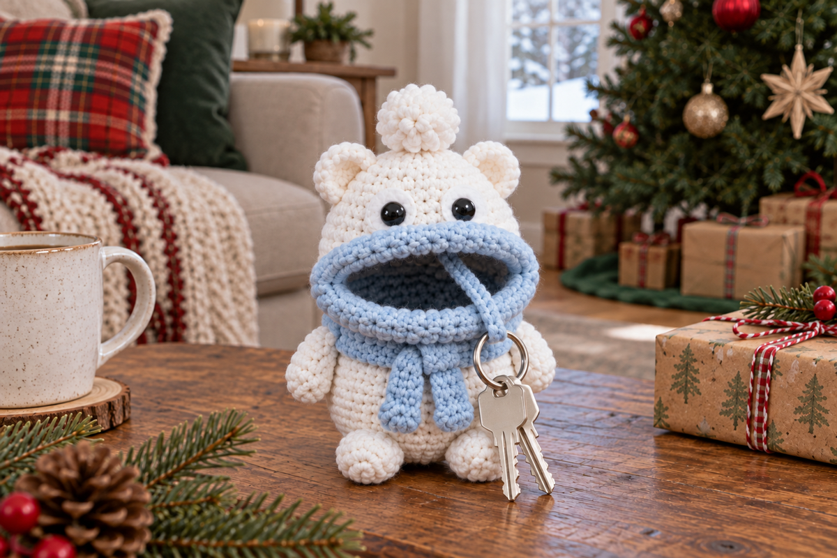Polar Bear Christmas crochet key pouch with an open rolled mouth, key ring and keys outside.