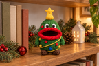 Christmas Tree Christmas crochet key pouch with an open rolled mouth, shown with the mouth empty.