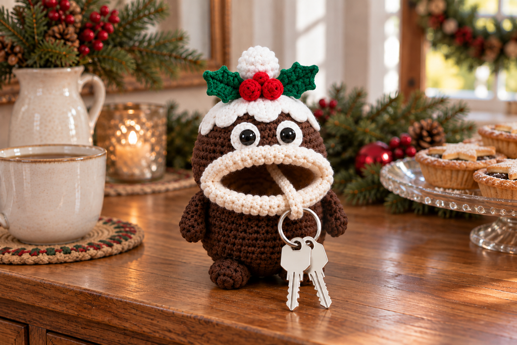 Christmas Pudding Christmas crochet key pouch with an open rolled mouth, key ring and keys outside.