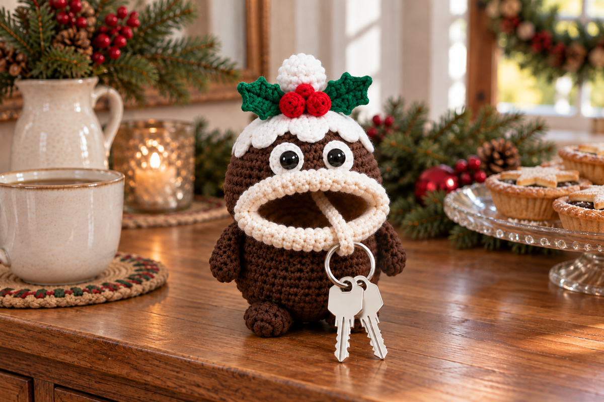 Christmas Pudding Christmas crochet key pouch with an open rolled mouth, key ring and keys outside.