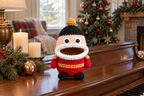 Nutcracker Christmas crochet key pouch with an open rolled mouth, shown with the mouth empty.