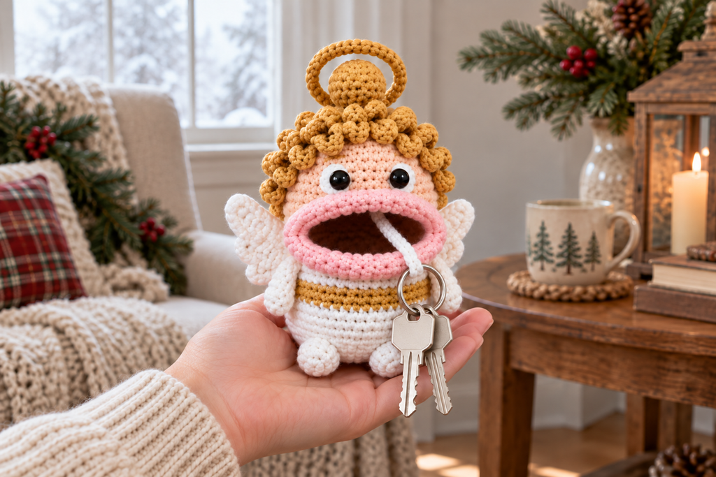 Angel Christmas crochet key pouch with an open rolled mouth, key ring and keys outside.