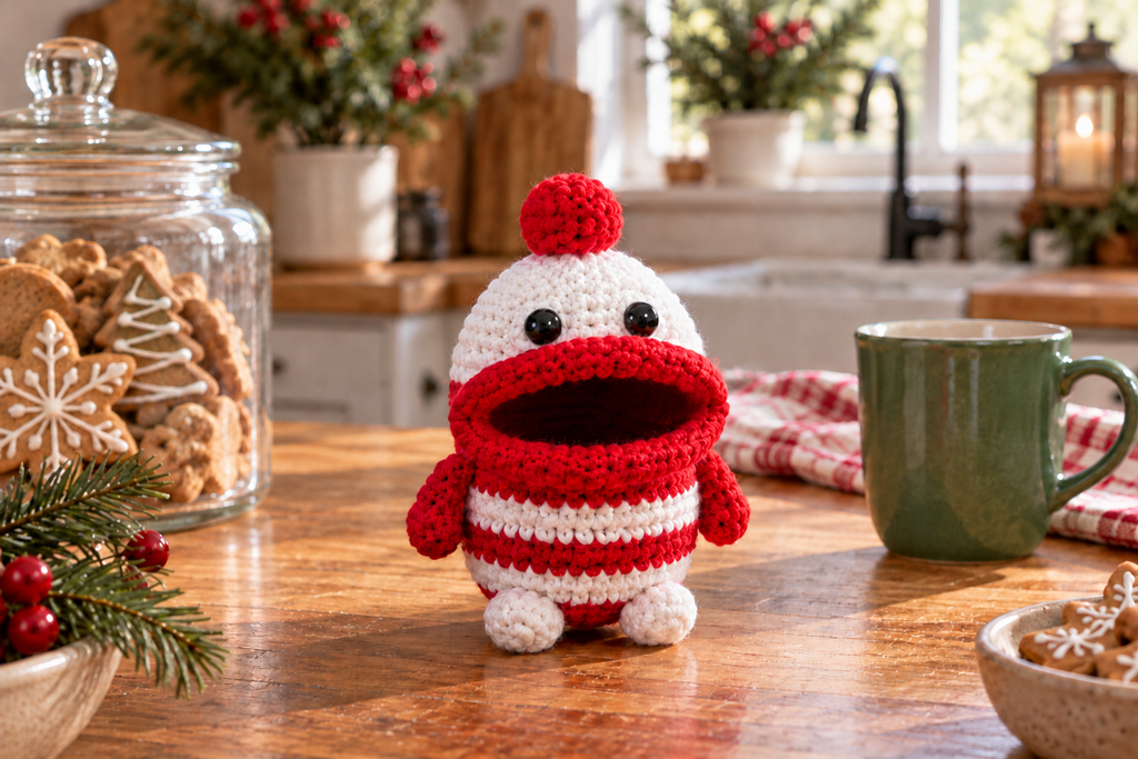 Candy Stripe Christmas crochet key pouch with an open rolled mouth, shown with the mouth empty.