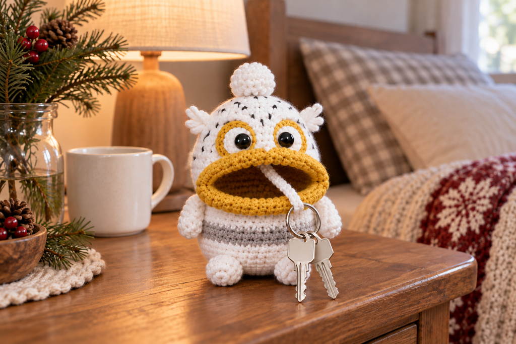 Snow Owl Christmas crochet key pouch with an open rolled mouth, key ring and keys outside.