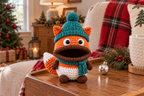Winter Fox Christmas crochet key pouch with an open rolled mouth, shown with the mouth empty.