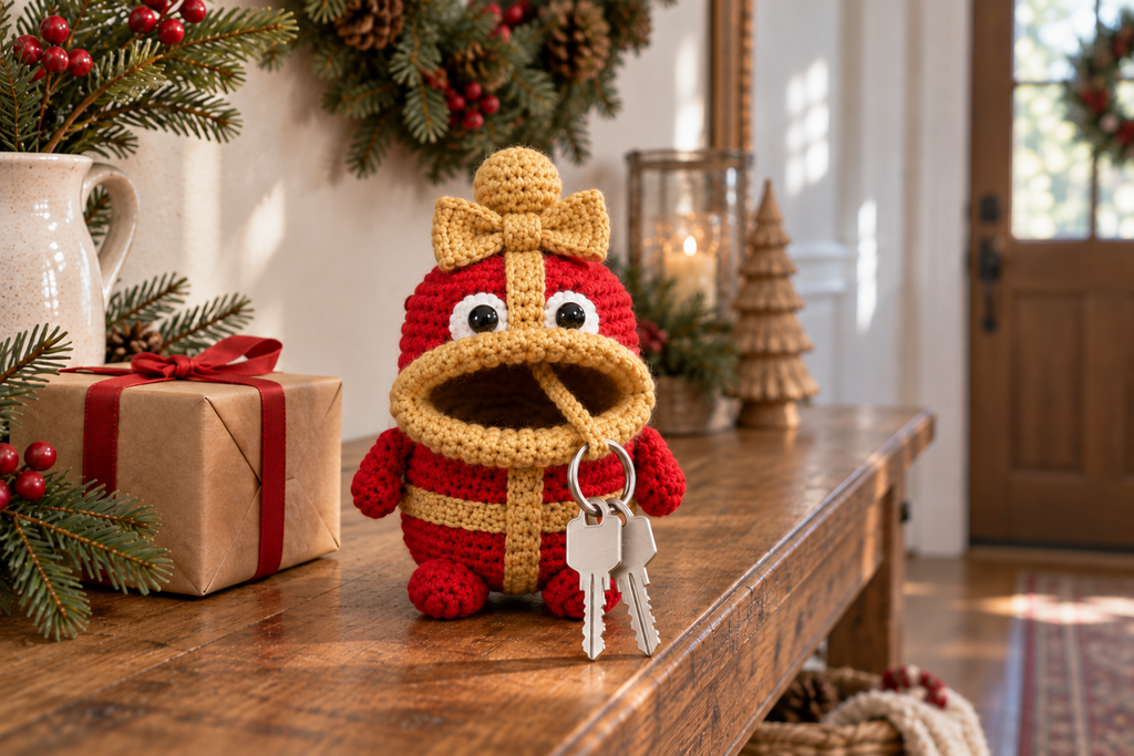 Gift Box Christmas crochet key pouch with an open rolled mouth, key ring and keys outside.