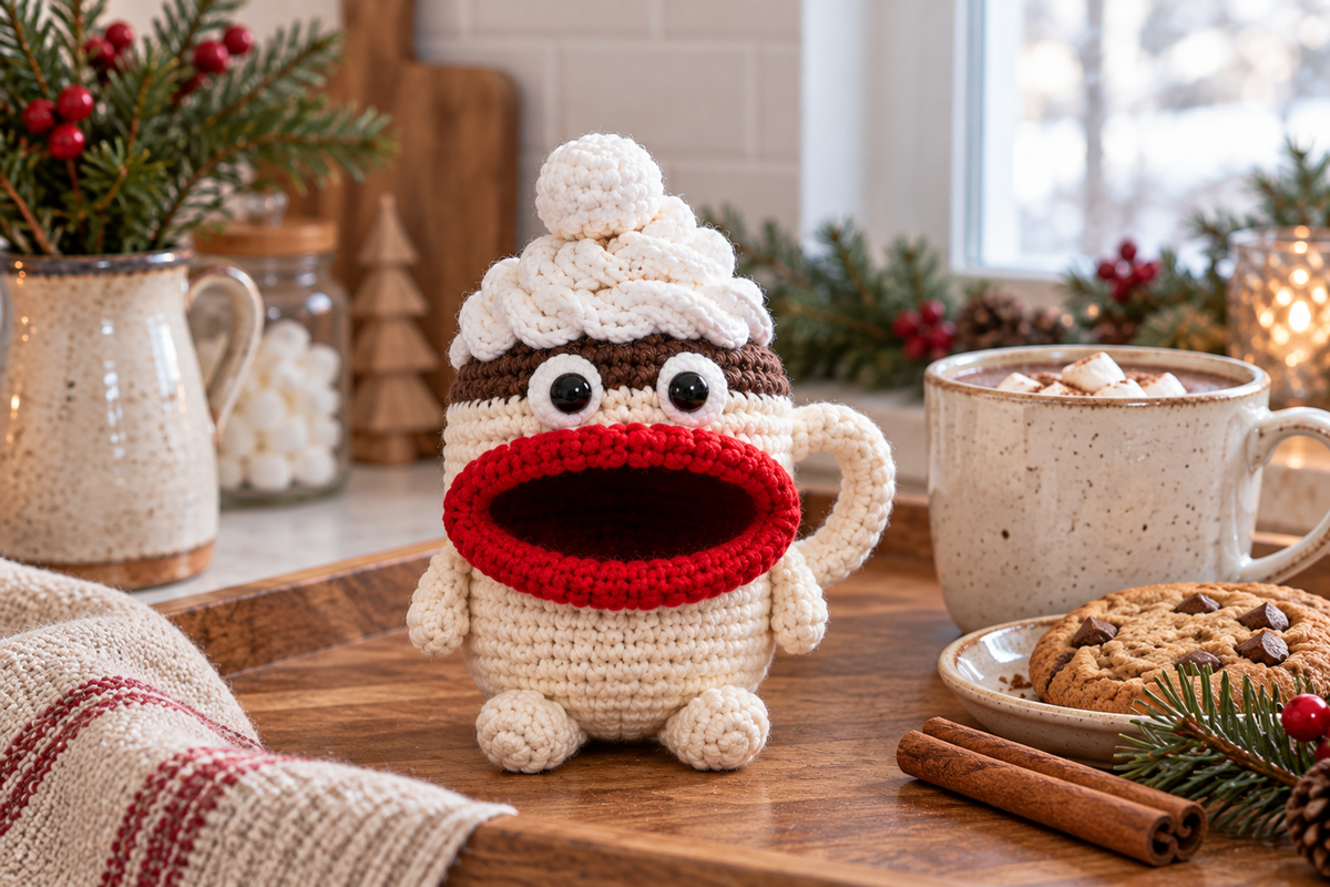 Hot Cocoa Mug Christmas crochet key pouch with an open rolled mouth, shown with the mouth empty.