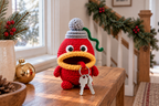 Fairy Light Christmas crochet key pouch with an open rolled mouth, key ring and keys outside.