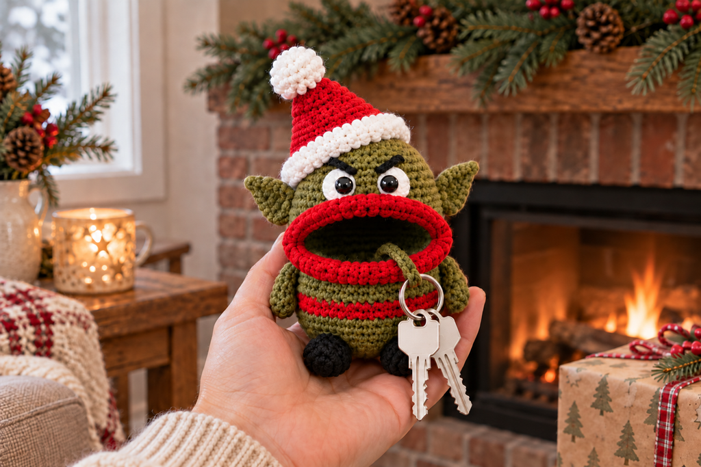 Grumpy Goblin Christmas crochet key pouch with an open rolled mouth, key ring and keys outside.