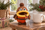 Robin Christmas crochet key pouch with an open rolled mouth, key ring and keys outside.