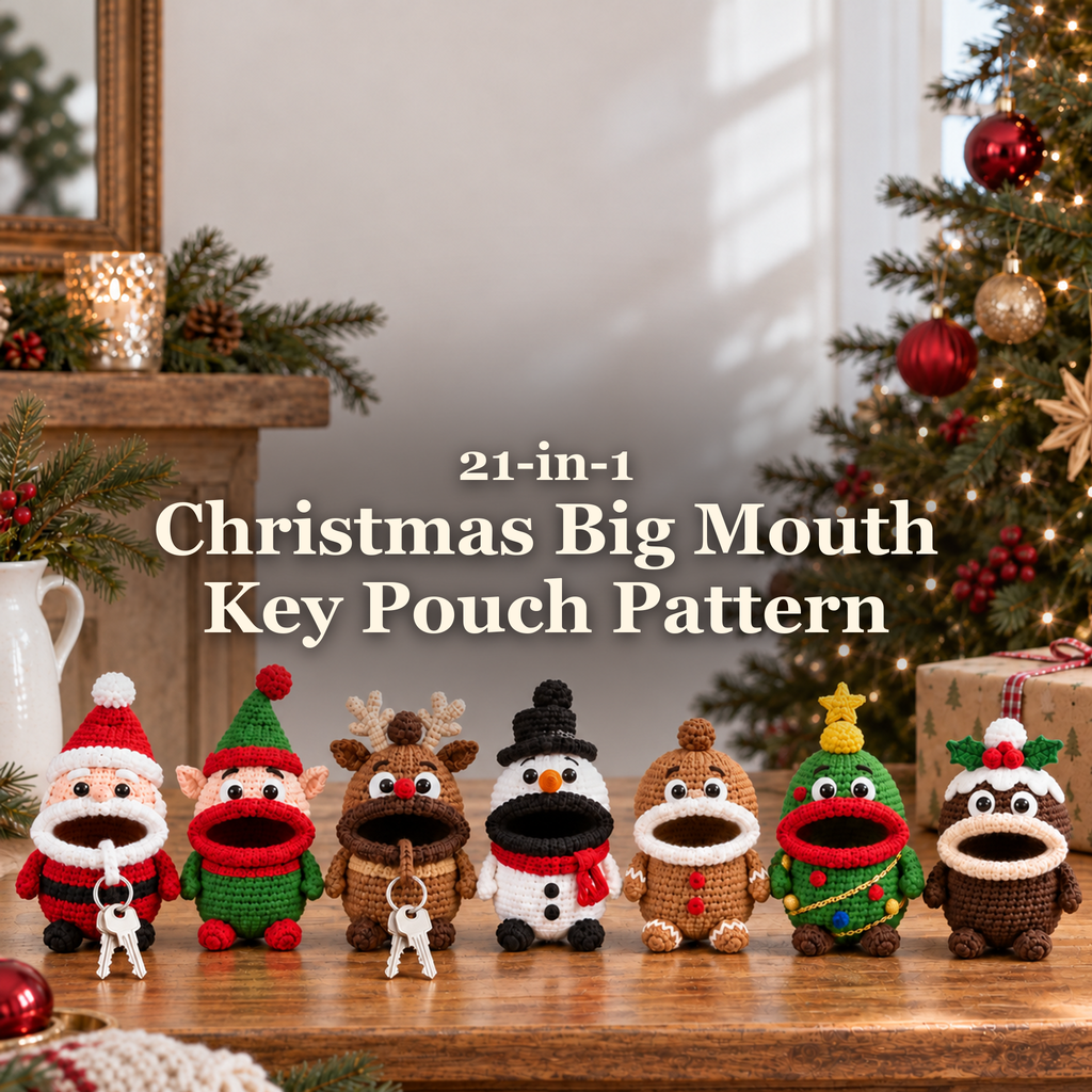 Seven Christmas crochet key pouches on a wooden sideboard with the title 21-in-1 Christmas Big Mouth Key Pouch Pattern above them.