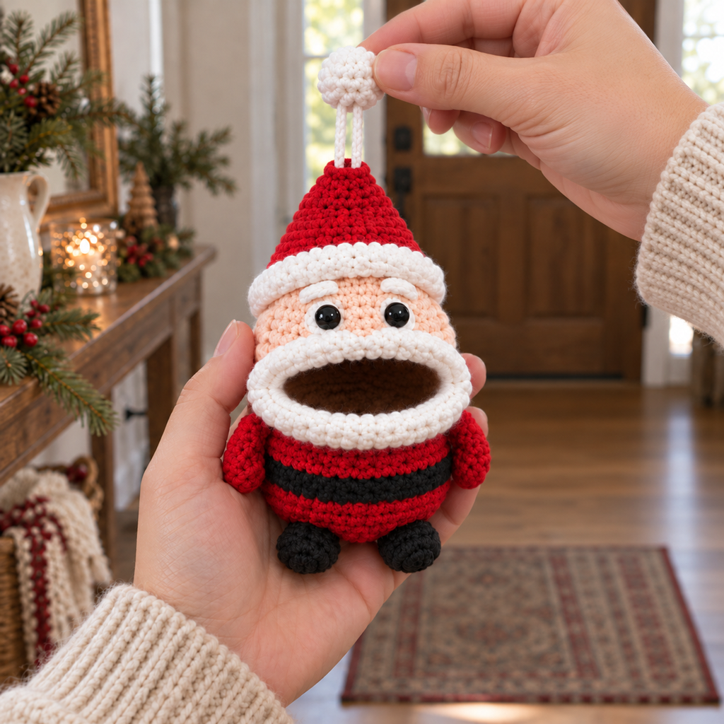 The same Santa crochet key pouch in the same hallway, with one hand supporting it and the other lifting its white ball above the hat on two white chain strands; the open mouth is empty.