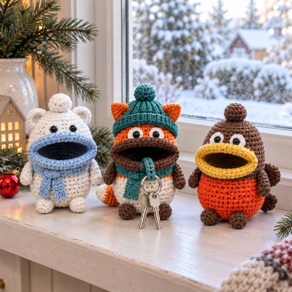 Polar Bear, Winter Fox and Robin crochet key pouches stand on a windowsill beside pine sprigs with snow outside, with two keys outside Winter Fox.