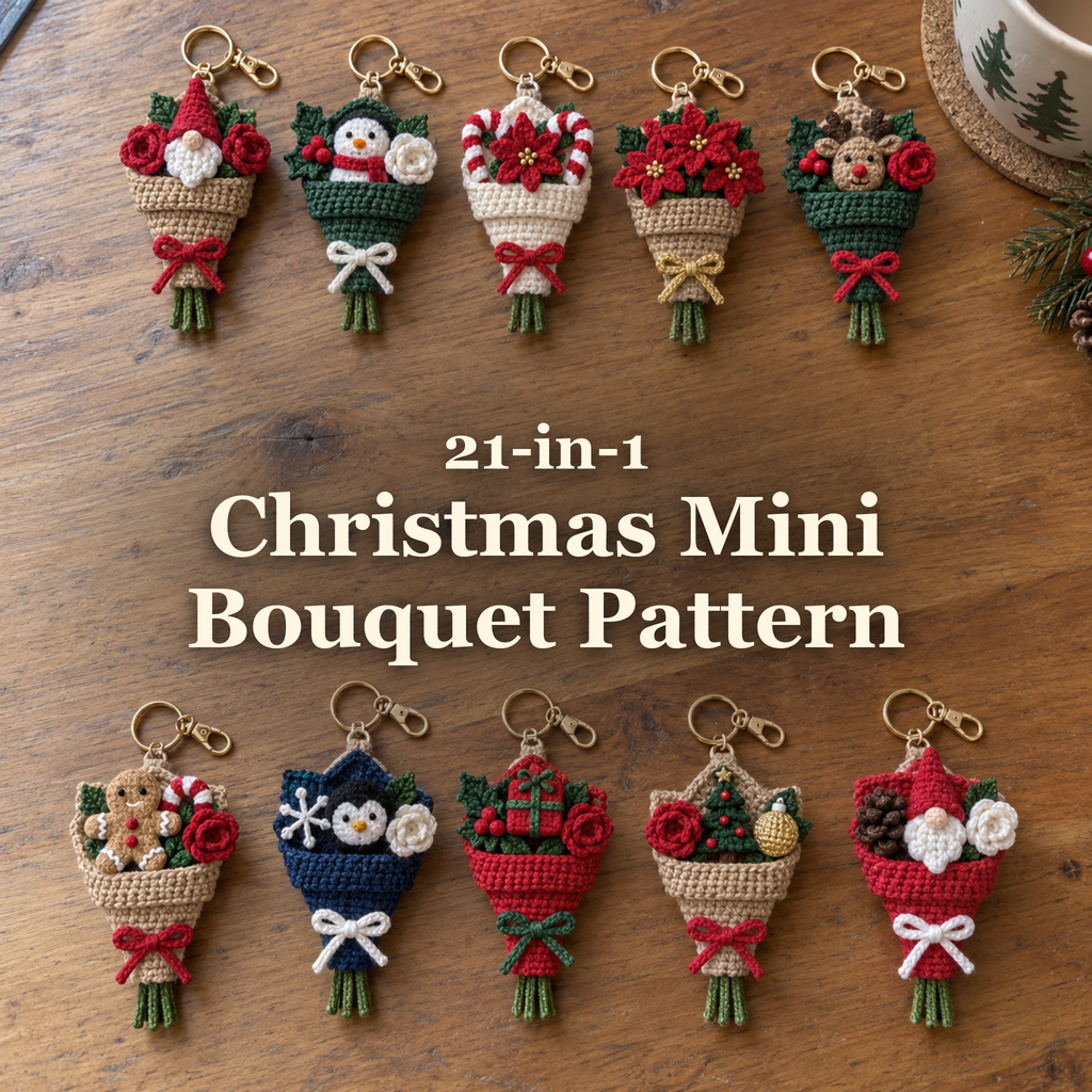Christmas mini bouquet crochet pattern collection with the title 21-in-1 Christmas Mini Bouquet Pattern.