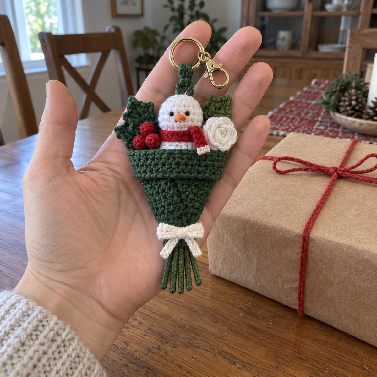 An adult hand holding a snowman crochet bouquet with a green wrapper beside a kraft-wrapped gift.