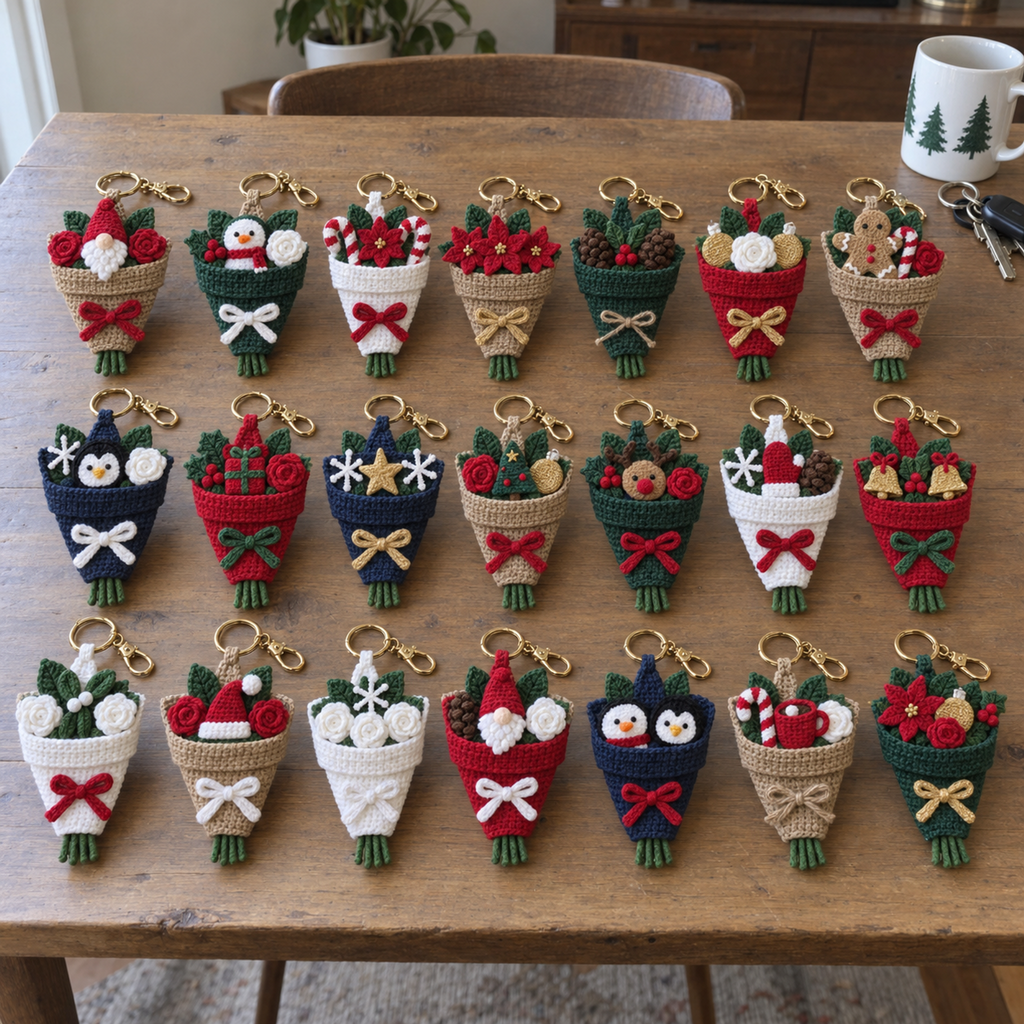 Twenty-one Christmas crochet bouquet designs arranged in three rows on a wooden dining table.