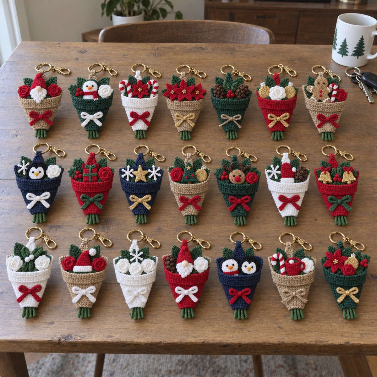 Twenty-one Christmas crochet bouquet designs arranged in three rows on a wooden dining table.