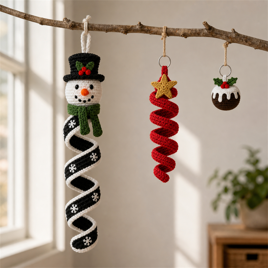 A crochet snowman spiral spinner, a red star spiral ornament and a Christmas pudding charm hanging securely from a bare indoor branch