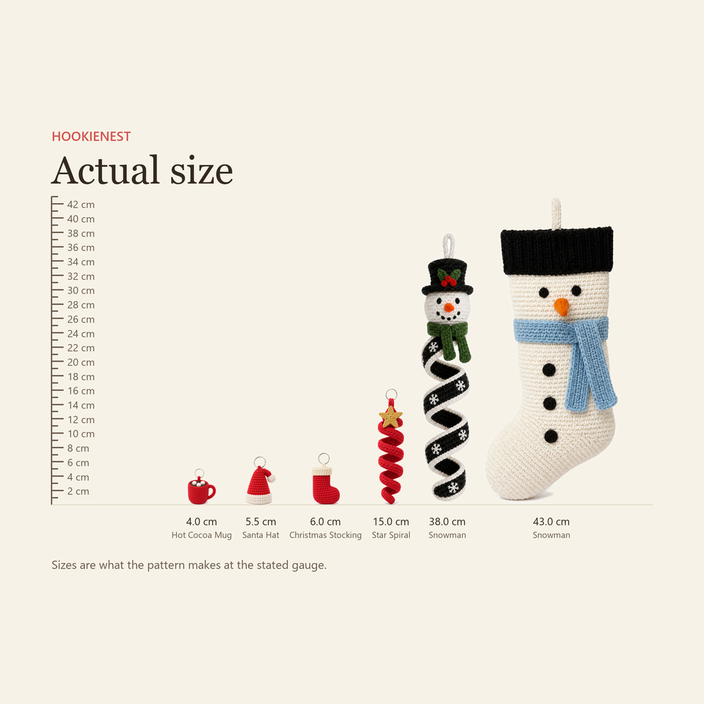Actual size chart from a 4 cm hot cocoa mug charm to a 43 cm snowman mantel stocking