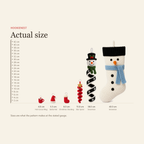Actual size chart from a 4 cm hot cocoa mug charm to a 43 cm snowman mantel stocking