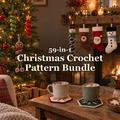 A Christmas living room with crochet spiral ornaments on the tree, a Snowman wind spinner, three character stockings on the mantel and two mugs on snowflake coasters: 59-in-1 Christmas Crochet Pattern Bundle