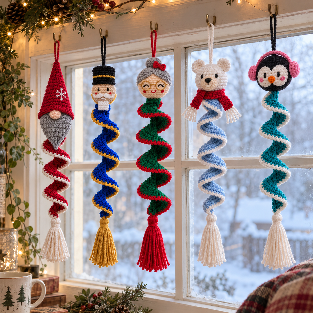 Nordic Gnome, Royal Nutcracker, Sweet Mrs Claus, Polar Bear and Little Penguin crochet wind spinners hanging in a frosty window with fairy lights.