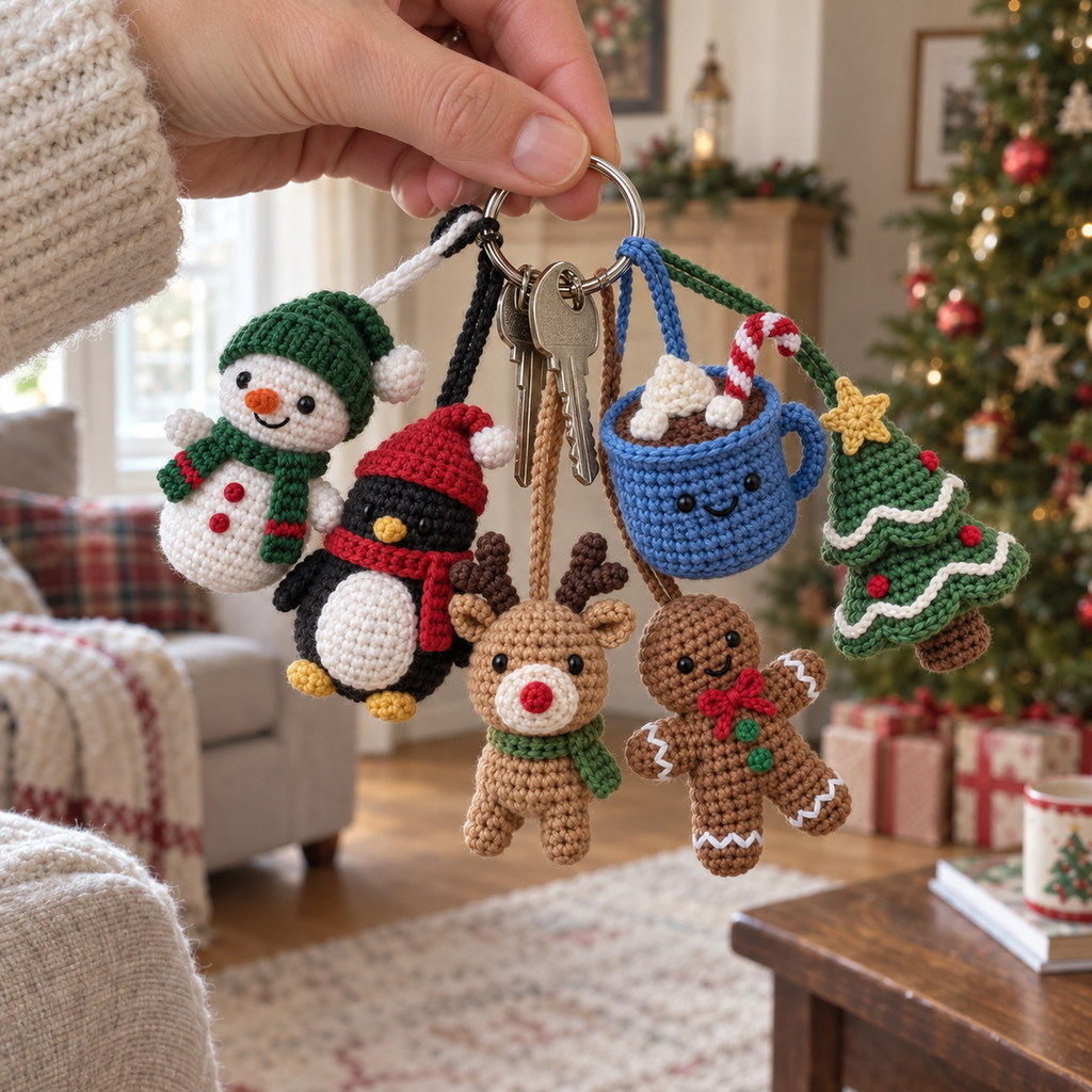 An adult hand holding a keyring with small Snowman, Penguin, Reindeer, Cocoa Mug, Gingerbread Man and Christmas Tree crochet charms.