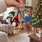 An adult hand holding a keyring with small Snowman, Penguin, Reindeer, Cocoa Mug, Gingerbread Man and Christmas Tree crochet charms.