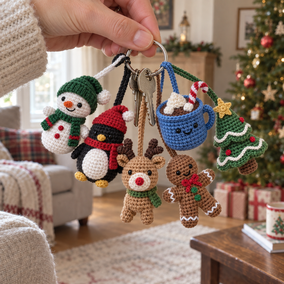 An adult hand holding a keyring with small Snowman, Penguin, Reindeer, Cocoa Mug, Gingerbread Man and Christmas Tree crochet charms.