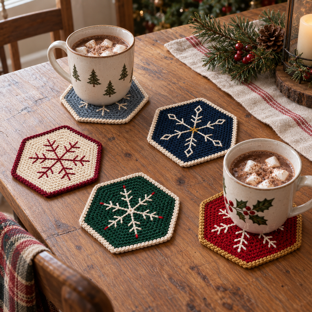 Five hexagonal crochet snowflake coasters on a wooden Christmas table, with mugs of cocoa resting on two of them.