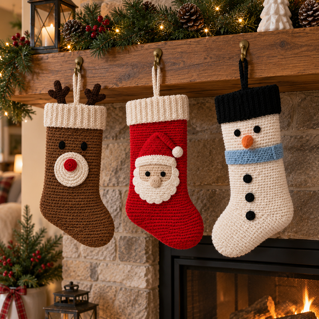Brown Reindeer, red Santa and ivory Snowman crochet stockings hanging from a garland-draped wooden mantel.