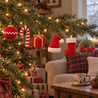Six small crochet ornaments, a red bauble, candy cane, gift box, Santa hat, stocking and green wreath, hanging along one lit Christmas tree branch.